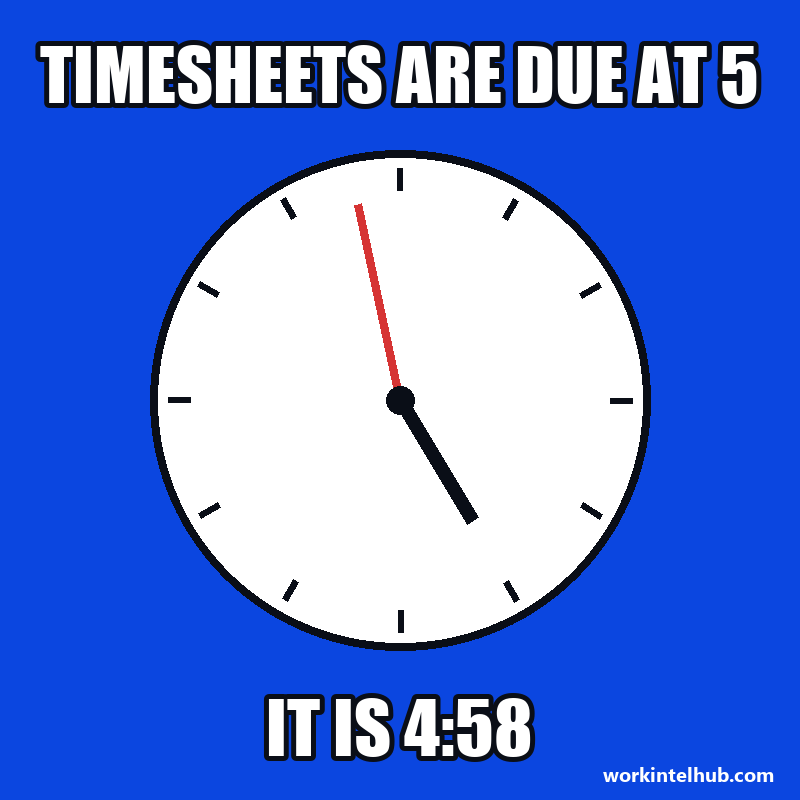 A clock showing 4:58 with the caption: timesheets are due at 5, it is 4:58