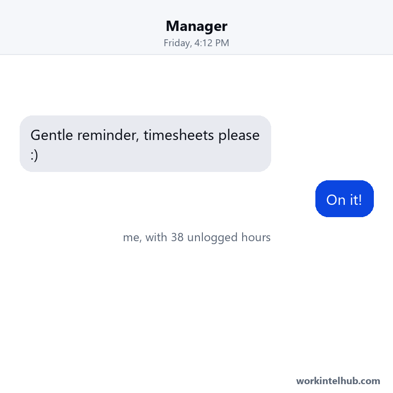 A chat where a manager sends a gentle timesheet reminder and the employee, with 38 unlogged hours, replies 'On it!'