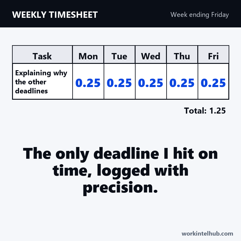 A timesheet row logging 0.25 hours every day for explaining why the other deadlines slipped