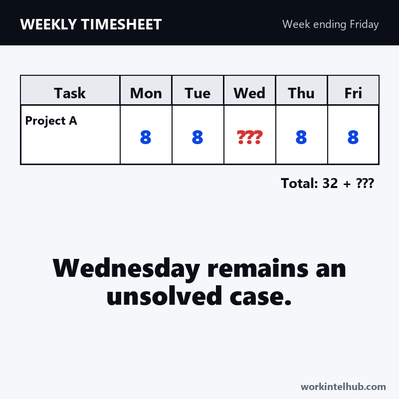A timesheet with 8 hours on every day except Wednesday, which shows question marks