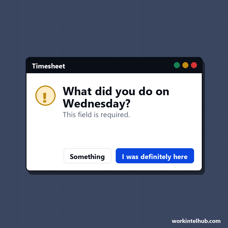A dialog box asking what you did on Wednesday, with the buttons 'Something' and 'I was definitely here'