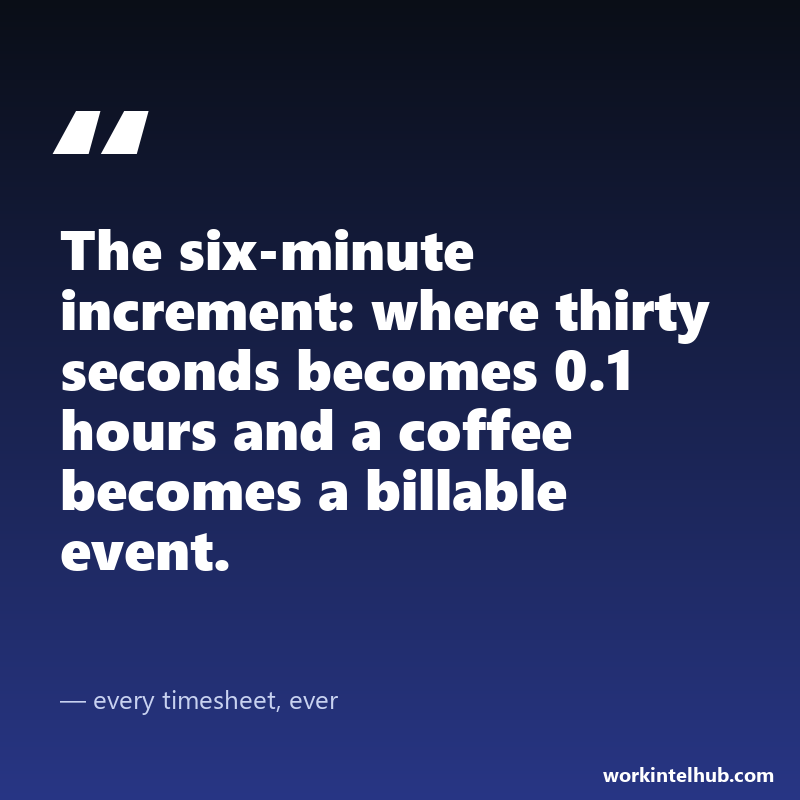 Quote card about the six-minute increment turning thirty seconds into 0.1 hours and a coffee into a billable event
