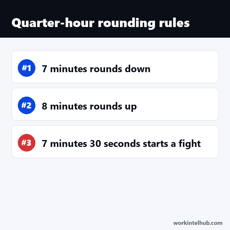 A list of rounding rules: 7 minutes rounds down, 8 minutes rounds up, 7 minutes 30 seconds starts a fight