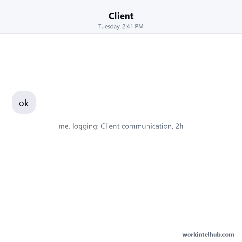 A chat where the client replies 'ok' and the freelancer logs two hours of client communication