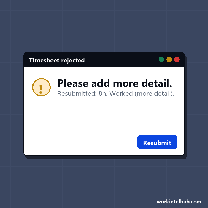 A dialog rejecting a timesheet for more detail, resubmitted as 8 hours, worked, more detail