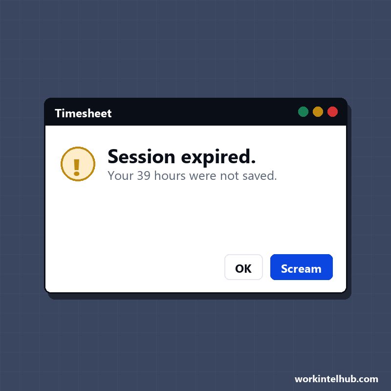 A dialog saying session expired, your 39 hours were not saved, with the buttons OK and Scream
