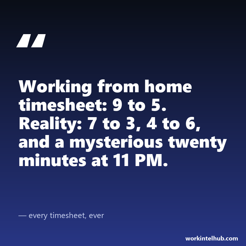Quote card: the work from home timesheet says 9 to 5, reality is 7 to 3, 4 to 6 and twenty minutes at 11 PM
