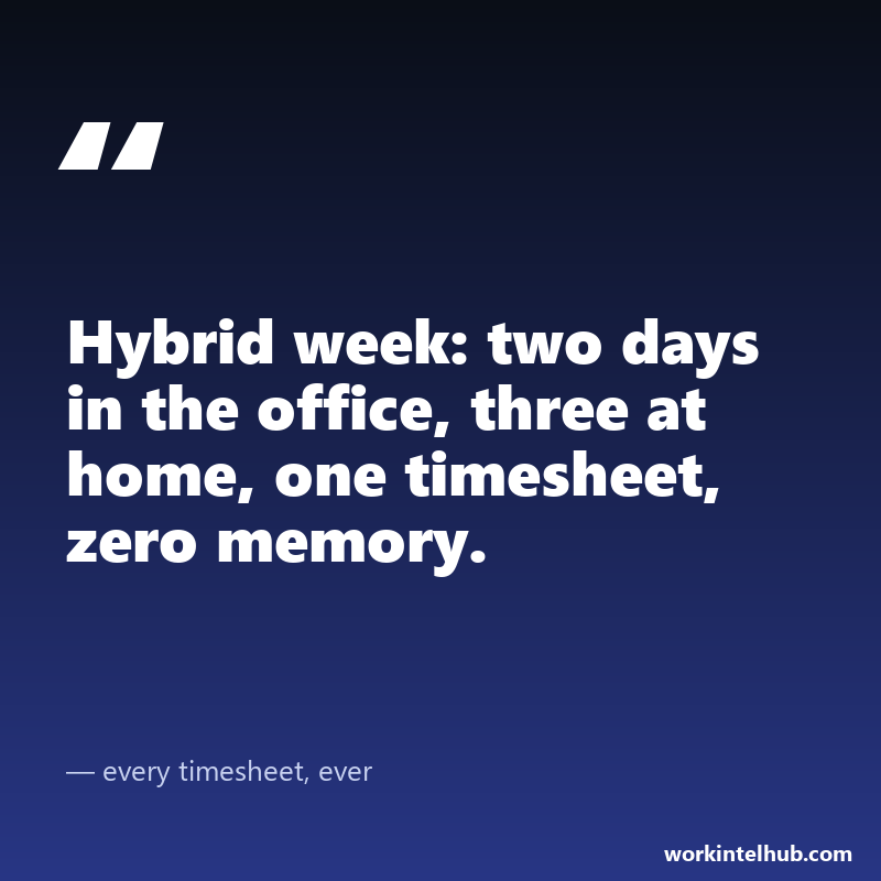 Quote card: hybrid week, two days in the office, three at home, one timesheet, zero memory