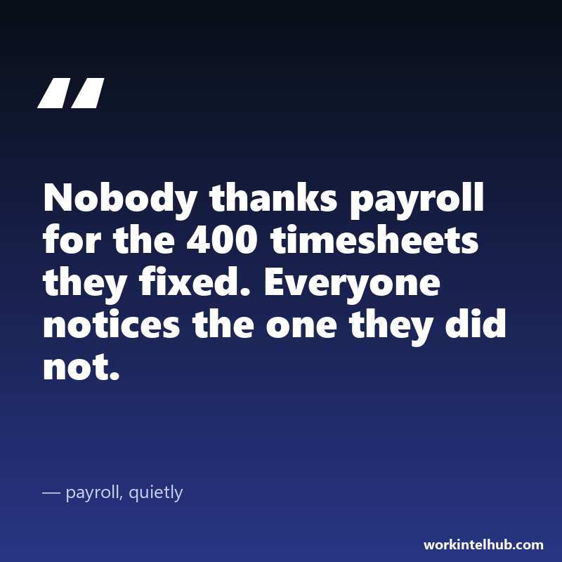 Quote card: nobody thanks payroll for the 400 timesheets they fixed, everyone notices the one they did not