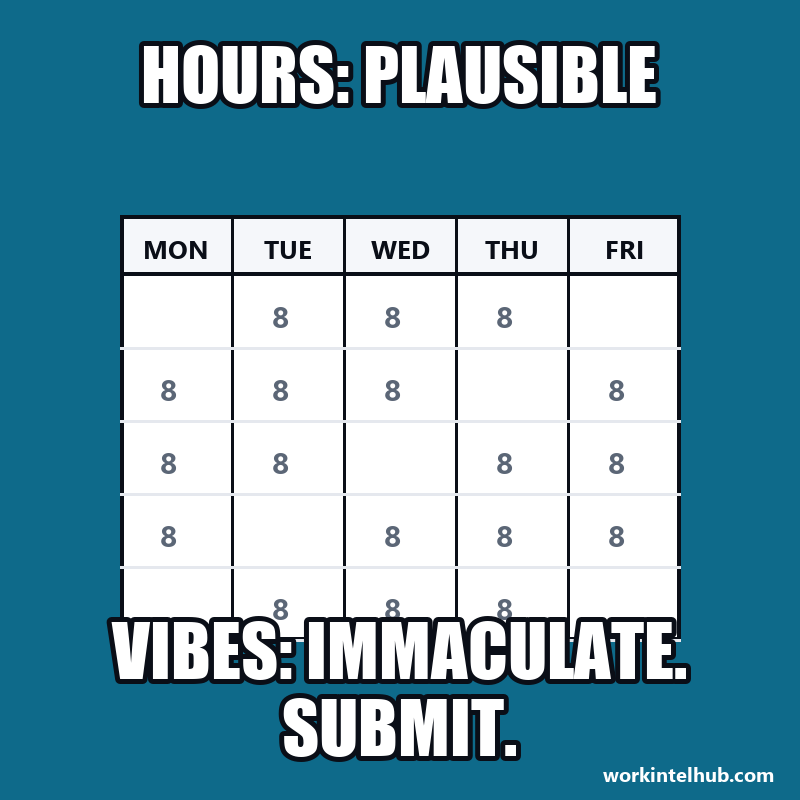 A timesheet captioned: hours plausible, vibes immaculate, submit